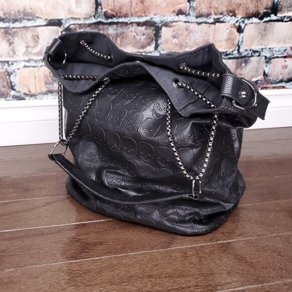 Skull Embossed Bucket Bag Tote Black Shopper Purse Chain Gothic Punk Alternative - Picture 2 of 11